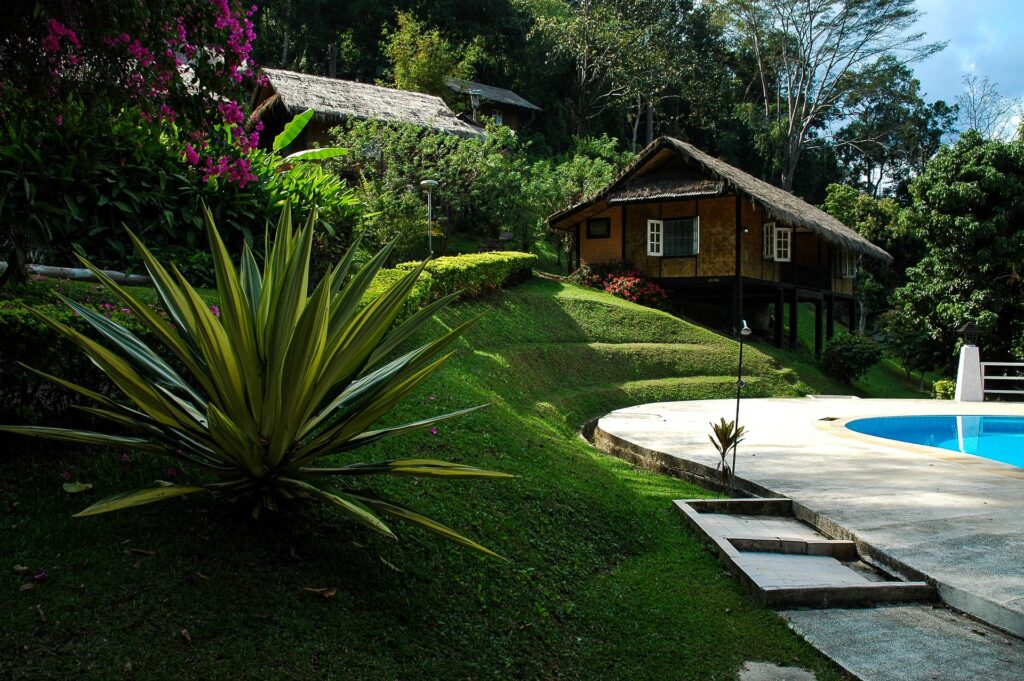 Tropical landscape with lush greenery, a rustic wooden cottage, manicured lawns, and a swimming pool, showcasing professional garden and outdoor construction design.