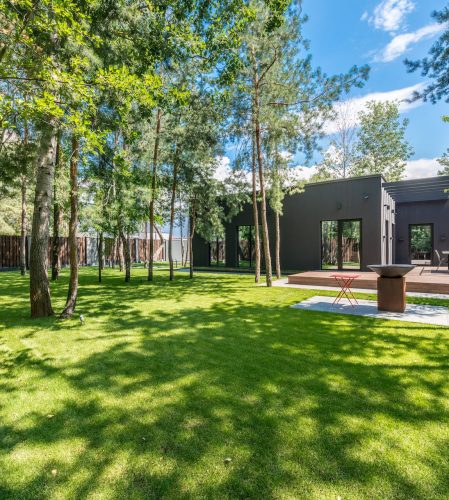 Modern home surrounded by tall trees with a lush green lawn and outdoor seating, showcasing contemporary landscape design in a natural setting